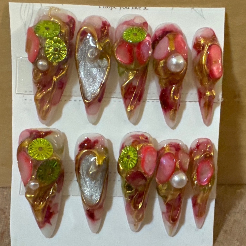 Stiletto Press-On Nails 3D Art Gold Silver Accent Red Pink White Marble 10pc Set
